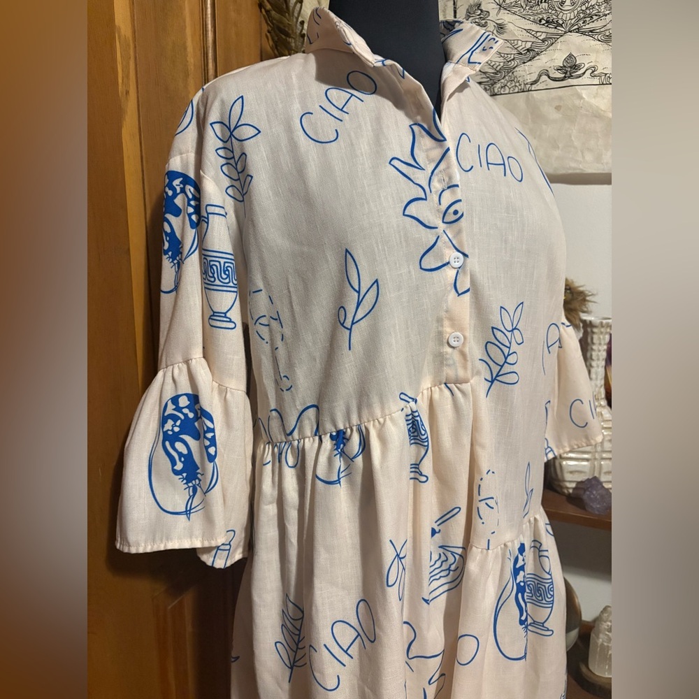 Cummense Ciao Wine Cream Blue Graphic Babydoll Ruffle Dress Medium - Picture 3 of 10